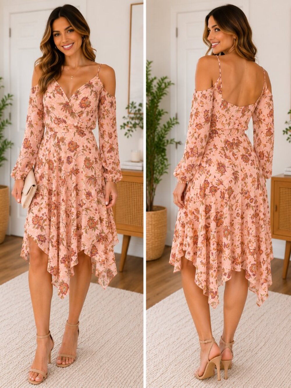 Paige Blush Floral Cold Shoulder Midi Dress | Small‎ | Romantic Boho | B-1833